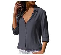 Femmes Top Turn-Down Business Chemise Régulière Bouton Solid Daily Casual Blouse Long Sleeve Loose Ladies Print Parties Mode Haut (Grey, XL)
