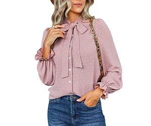 Femmes Tops Puff Chemisier À Manches Longues Élastique Manchette Irrégulière Noeud Papillon Chemises Élégant Casual Tops Lâche Casual Swiss Dot Blouse Simple Poitrine(M-Rose foncé)