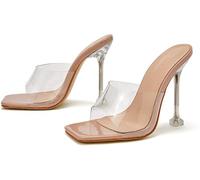 Femmes Transparent Stiletto Talon Haut Sandales Bout Ouvert Mules Chaussures Pantoufles D’été Mode Sexy Party Talons Hauts Sandales Chaussures Habillées, Apricot, 3.5 UK