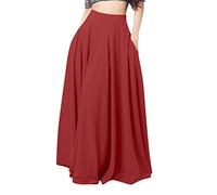 Femmes Travailler Ample Décontracté Longue Grande Jupe Plissée Solide Taille Élastique, rouge, S