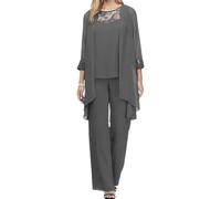 Femmes Trois pièces Chemise en Mousseline Tulle Ensemble de Robe de soirée Ensemble de Pantalon de célébration Élégant Costume Trois pièces Vintage (Gris,M)