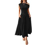 Femmes Une épaule Mince Swing Robes Formelles élégantes plissées avec Poches Robe Longue à Taille Haute