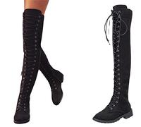 Femmes Unisexe Boots Outdoor Daily Over The Knee Boots Crotch High Boots Winter Lace-up Low Heel Round Toe Casual Industrial Style Leather,Noir,39