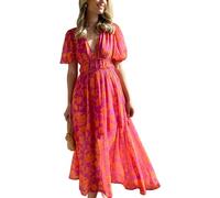 Femmes V - Neck Floral imprimé Robe Longue Taille Haute à Manches Longues Robe décontractée Outdoor Everyday Wear (S,Rouge)