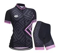 Femmes Vélo Cyclisme Respirant à séchage Rapide Maillots Set, Jersey Cycle Manches Courtes Veste + 3D Coussin Rembourré Serré Shorts Pantalon, XL, Diamant Rose
