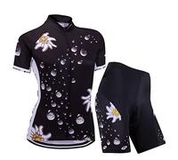 Femmes Vélo Cyclisme Respirant à séchage Rapide Maillots Set, Jersey Cycle Manches Courtes Veste + 3D Coussin Rembourré Serré Shorts Pantalon (Fleur Noir, M)