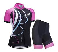 Femmes Vélo Cyclisme Respirant à séchage Rapide Maillots Set, Jersey Cycle Manches Courtes Veste + 3D Coussin Rembourré Serré Shorts Pantalon, L, Rose au Galop