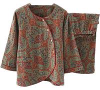 Femmes Vintage Jacquard Round NOU Neck Button Coton Loungewear Set, coloré Floral All Seasons Fin Pyjamas Set, Rouge, M