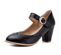 Femmes Vintage Petites Chaussures en Cuir Lolita Classique à Lacets Gros Talon Moyen Bout Rond Oxfords Robe fête Pompe Chaussures Escarpins Femme Petit Talon