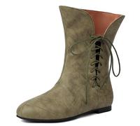 Femmes Vintage Plats Bottes Courtes Dentellets COS Medieval Hommes Faux Cuir Souple gothique Chaussures Witch Costume Pirate Viking Tied Chaussures Renaissance Plat Victorian Bottes Green Size 45