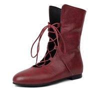 Femmes Vintage Plats Bottes Courtes Dentellets COS Medieval Hommes Faux Cuir Souple gothique Chaussures Witch Costume Pirate Viking Tied Chaussures Renaissance Plat Victorian Bottes Burgundy Size 38