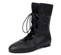 Femmes Vintage Plats Bottes Courtes Dentellets COS Medieval Hommes Faux Cuir Souple gothique Chaussures Witch Costume Pirate Viking Tied Chaussures Renaissance Plat Victorian Bottes Black Size 39