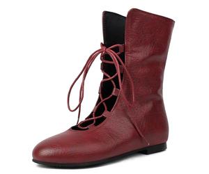 Femmes Vintage Plats Bottes Courtes Dentellets COS Medieval Hommes Faux Cuir Souple gothique Chaussures Witch Costume Pirate Viking Tied Chaussures Renaissance Plat Victorian Bottes Burgundy Size 38