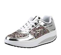 Femmes Wedge Heeled Mode Sneaker Faux Cuir Plate-Forme Chaussures Rocker Sole Chaussures De Marche À Lacets Chaussures De Fitness Argent 35 EU