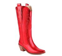 Femmes Western Bottes de cow-boy Botte mi-mollet Wide Calf Cowgirl Métallique Bottes with Embroidered Mode Rétro Classique Tall Boot pour femme Filles Dames Rouge Taille 44