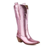 Femmes Western Bottes de cow-boy Botte mi-mollet Wide Calf Cowgirl Métallique Bottes with Embroidered Mode Rétro Classique Tall Boot pour femme Filles Dames rose Taille 39