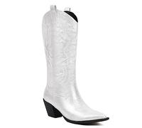 Femmes Western Bottes de cow-boy Botte mi-mollet Wide Calf Cowgirl Métallique Bottes with Embroidered Mode Rétro Classique Tall Boot pour femme Filles Dames Blanc Taille 34