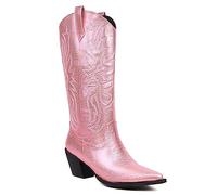 Femmes Western Bottes de cow-boy Botte mi-mollet Wide Calf Cowgirl Métallique Bottes with Embroidered Mode Rétro Classique Tall Boot pour femme Filles Dames rose Taille 39