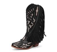 Femmes Western Cowboy Travail Bottes Frange Bootie Gland Bottes Mode Rétro Classique Tall Boot pour femme Filles Dames Noir Taille 39