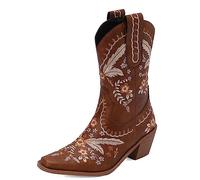Femmes Western Cowboy Travail Bottes with Embroidered Mode Rétro Classique Tall Boot pour femme Filles Dames marron Taille 35