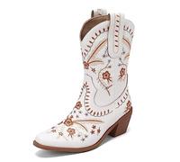 Femmes Western Cowboy Travail Bottes with Embroidered Mode Rétro Classique Tall Boot pour femme Filles Dames Blanc Taille 36