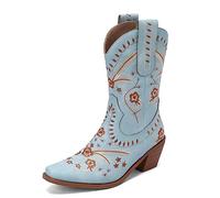 Femmes Western Cowboy Travail Bottes with Embroidered Mode Rétro Classique Tall Boot pour femme Filles Dames bleu Taille 35