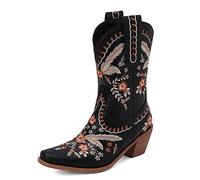 Femmes Western Cowboy Travail Bottes with Embroidered Mode Rétro Classique Tall Boot pour femme Filles Dames Noir Taille 38