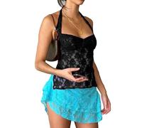 Femmes Y2K dentelle Tie-Up Crop Top Débardeur corset sans manche Bustier en dentelle Cami Tanks Push Up Corset Crop Top Vintage Lace Up Sans manches Débardeur Gilet Camisole slim fit streetwear