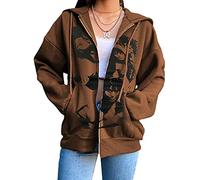 Femmes Y2K E-Girl Graphic Hoodies Manches Longues Zip Up Lâche Sweats À Capuche Pull (Brown F, Small)