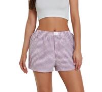 Femmes Y2K Short à Carreaux avec Taille élastique Patte de Boutonnage Devant Lounge Shorts en Lin Élastique Shorts décontractés Loisirs Pantalons Courts Boxers Vichy Été Pyjamashorts Streetwear