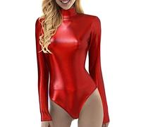 Femmes Yoga Jumpsuits Brillant Métallique PVC Col Montant Manches Longues Tricot Bodysuit, rouge, S