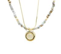 Femmorya Parure de bijoux Boho pour femme - Collier à 2 couches avec pendentif aigue-marine et calcédoine - Collier à chevrons et perles - Idéal pour le quotidien et les occasions spéciales, taille