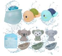 Fenarid Jouet Bain Bébé - 3 Bateaux et Animaux en Silicone + Tortues Nageuses + Crabe Fontaine + Filet Rangement Jouet Bain - Jeux Bain Bébé sans BPA - Marque Française