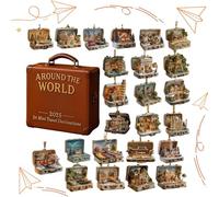 Fenayuu Calendrier de l'Avent de Noël autour du monde | Décoration en acrylique 2D - Destinations de voyage - Compte à rebours de 24 jours - Pour sapin de Noël, voiture, rétroviseur mural, sac à dos