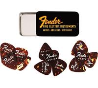 Fender »FINE ELECTRIC PICK TIN« Médiators dans boîte de collection - 12 Pièces - Celluloid - Forme 351-3 Épaisseurs - Couleur Tortoise Shell Sunburst