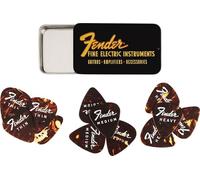 Fender »FINE ELECTRIC PICK TIN« Médiators dans boîte de collection - 12 Pièces - Celluloid - Forme 351-3 Épaisseurs - Couleur Tortoise Shell Sunburst