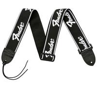 Fender Running Logo Sangle Guitare Tissée, Embouts Cuir, Noir/Blanc, 2" | Sangle de guitare électrique, 5 cm (2 pouces) en polyester tissé, extrémités en cuir, réglable, logo Fender, noir et blanc