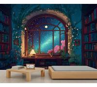 Fenêtre Ciel Étoilé & Étagères Anciennes Murales, Décoration d'Intérieur Inspirée de la Littérature, Murale Étanche et Durable pour Salle à Manger et Couloir 150x105cm (Non autocollant)