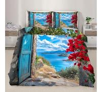 FenêTre De Style GrecHousse de Couette 135x200 Style De La CôTe 3 Piè Parure de Lit Microfibre avec Fermeture Éclair, Parure de Couette avec 2 Taie Oreillers 65x65cm