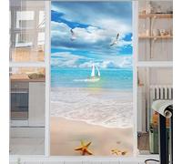 Fenêtre Film Auto-Adhésif Protection De La Vie Privée Beau Ciel Et Plage De La Mer 3D sans Colle en Verre Dépoli Autocollant Décoratif pour Porte en Verre Maison Cuisine Bureau 50x80cm