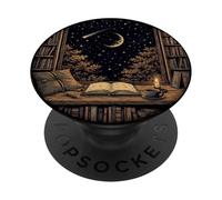 Fenêtre Magique, Coin Lecture, Ciel Nocturne, Lune, étoiles, Bookworm PopSockets PopGrip Adhésif