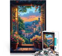 Fenêtre Vue de la Ville côtière Puzzles de 1000 pièces pour Adultes Difficile Difficile Offrir en Cadeau à Toute la Famille 38x26cm