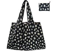 FenFang Sac Pliable Grande Poche - Provisions Cabas Réutilisable, Shopping Pochette Tissu, Grocery Bandoulière Ecologique pour Extérieur Voyage, 56 X 67 cm (Fleur Noire)