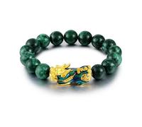 Feng Shui Bracelet, Green Jade Stone Beads Bracelet Unisex Feng Shui Pi Xiu Wristband Gold Wealth Pixiu Women Men Bracelets-Black Green