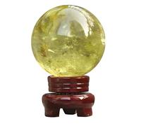 Feng Shui Citrine Crystal Ball Magic Gemstone Sphere Sculpture Figurine with Wood Stand for Wealth Luck Success Home Office Decoration,7~8cm Gemstone Stone