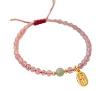 Feng Shui Crystal Pink Bracelet Strawberry Quartz Red Garnet Bracelet Lucky Charm 4 mm Bracelet réglable Bracelet Love Amulet pour la richesse Romance Happiness, Garnet Cinnabar (Couleur: Strawberry