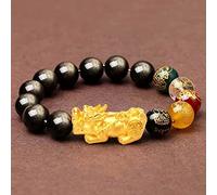 Feng Shui en Obsidienne dorée Naturelle - à Changement de Couleur - Dieu de la Richesse - Perles de Cristal - Talisman pour l'argent, la prospérité, la Bonne Chance, doré, 14 mm