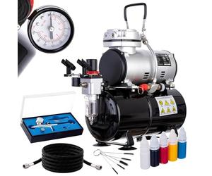 Fengda - Kit compresseur d'air avec aérographe - Kit aérographe avec compresseur d'air - Ensemble complet avec pistolet aérographe, tuyau de 180 cm - Réservoir de 3 L - Compresseur à piston - AS-186