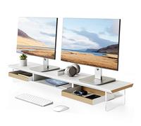 Fenge Monitor Stand Acrylique, 108x 23x 12,9cm, Support Moniteur Bureau pour 2 Moniteurs 27’’ et 35 kg, Tiroirs en bois massif, Organiseur, Support pour PC, Ordinateur Portable, Imprimante TV (Blanc)