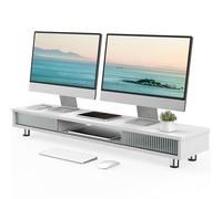Fenge Réhausseur d'Écran d'Ordinateur avec deux Portes Coulissantes en Verre Grand Moniteur Stand pour 2 Moniteurs TV PC Imprimante, Pieds Réglables en Hauteur, 108x23,5x(15,2-16,7) cm (Blanc)